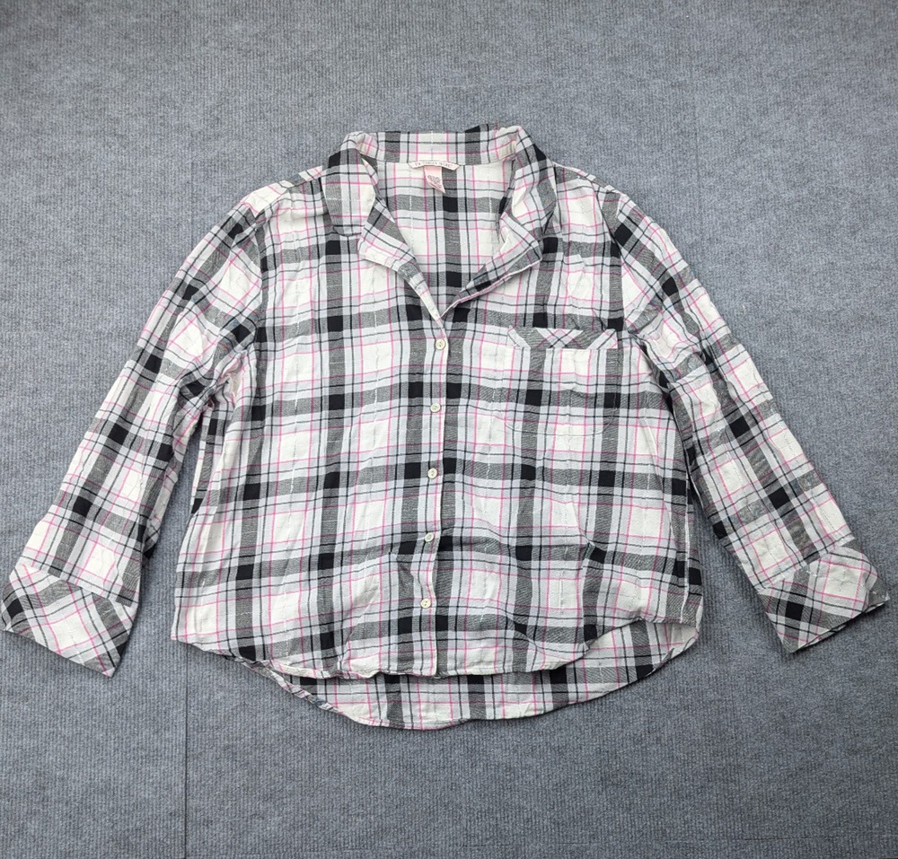 Victorias Secret Pajama Shirt Women XL Vintage Y2K Plaid Metallic Pink Button Up
